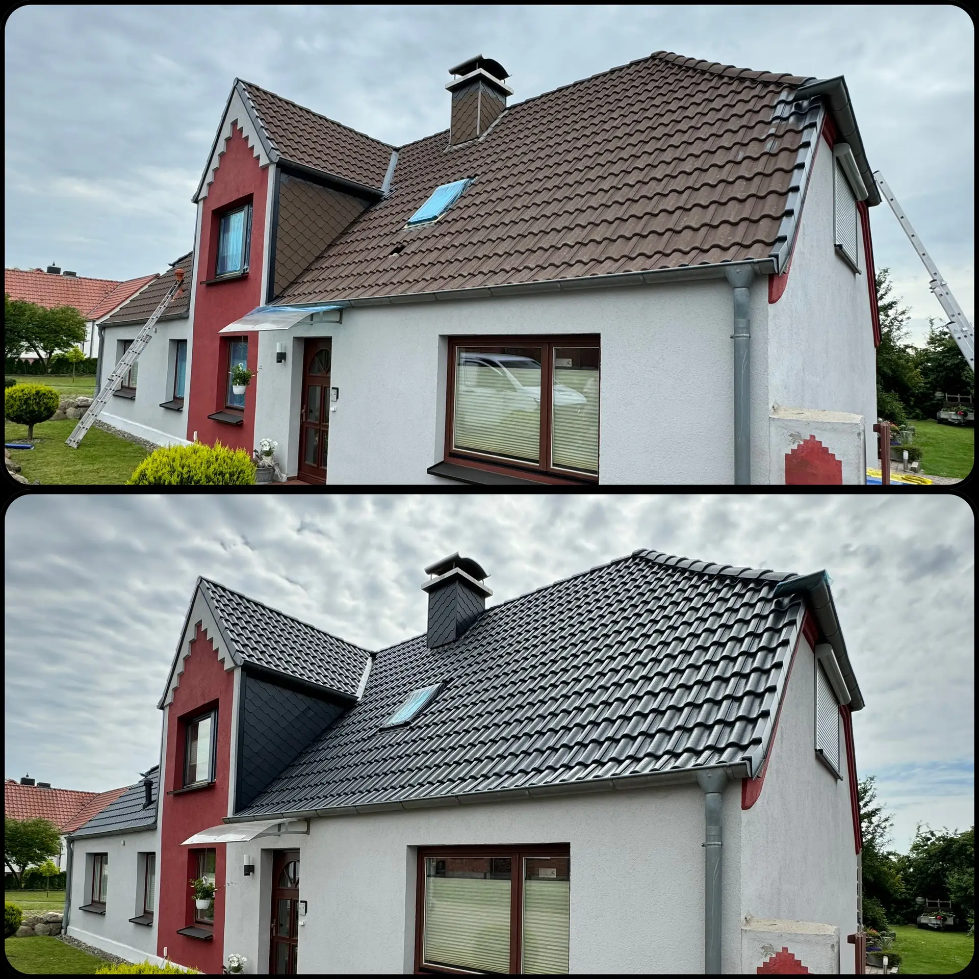 Dach eines Einfamilienhauses in Sanitz nach Reinigung und Beschichtung mit Nowocoat Glanz80 schwarz – glänzend, tiefschwarz und wetterfest. von Duchdacht-Gemacht David Tessenow