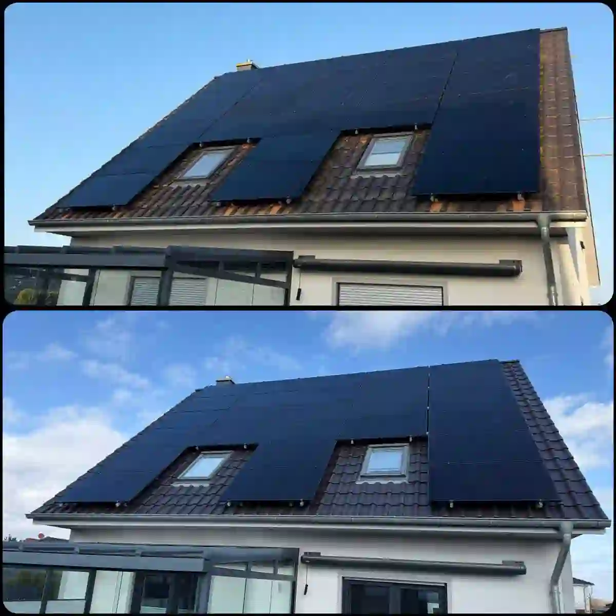 Dachreinigung im Bereich rund um Solarpanels – saubere Übergänge zwischen Photovoltaikmodulen und Dachfläche, schonend gereinigt. von Duchdacht-Gemacht David Tessenow