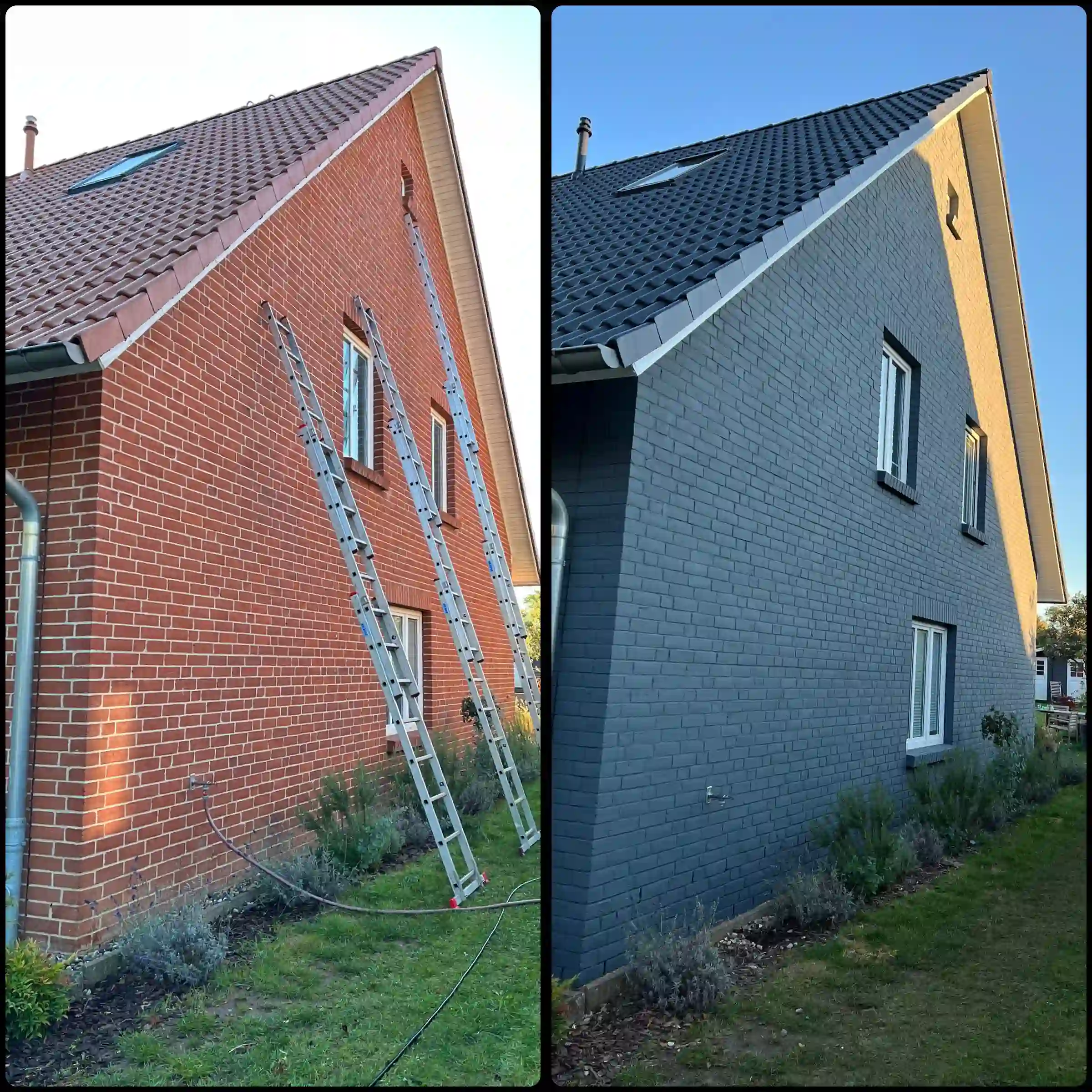 Fassadenreinigung und Klinkerumbeschichtung mit anthrazitfarbener STO-Farbe an einem Einfamilienhaus in Kavelstorf. von Duchdacht-Gemacht David Tessenow