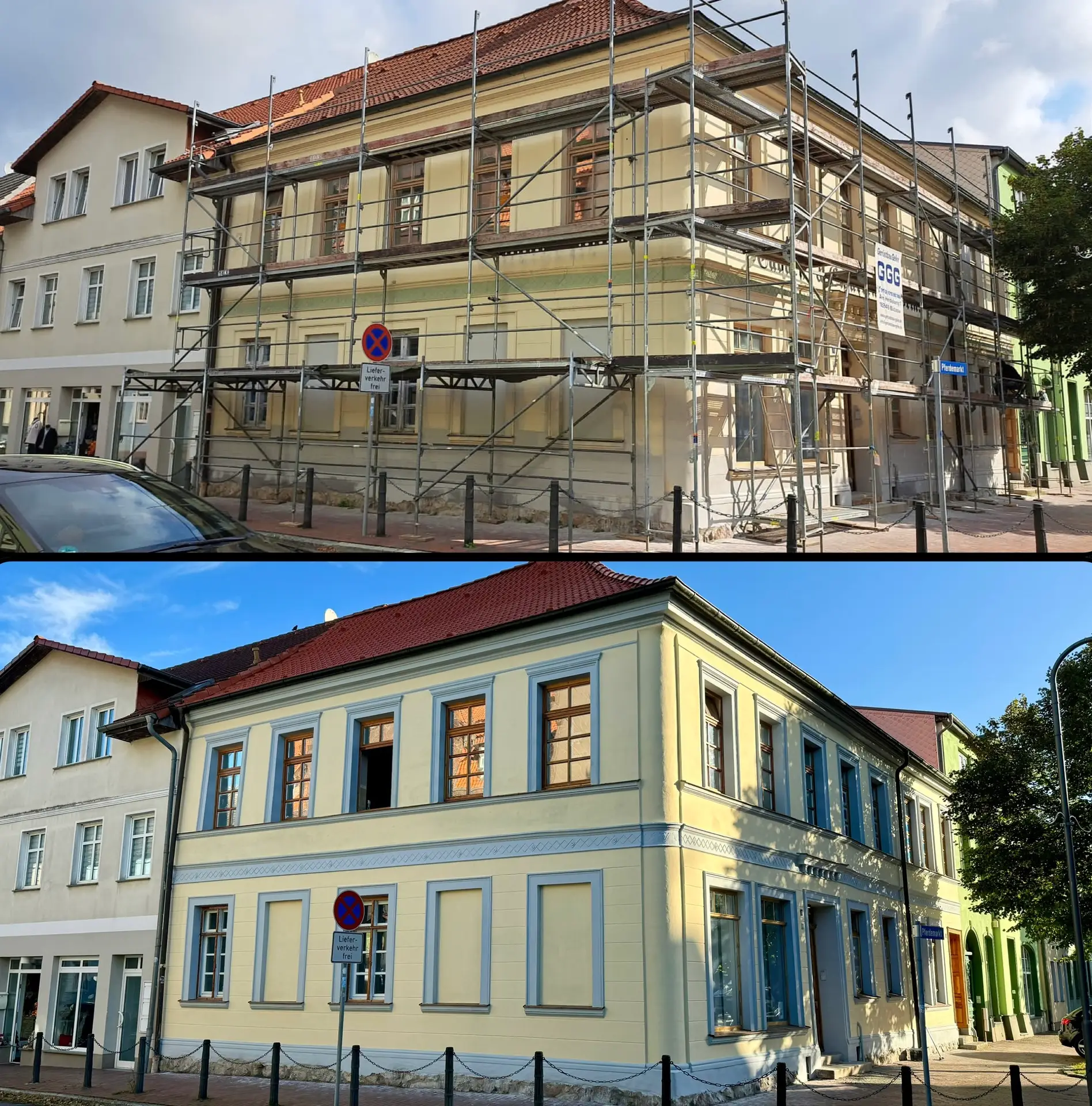 Fassade eines denkmalgeschützten Hauses in Schwaan bei Rostock – nach fachgerechten Malerarbeiten mit historischer Farbgebung. von Duchdacht-Gemacht David Tessenow