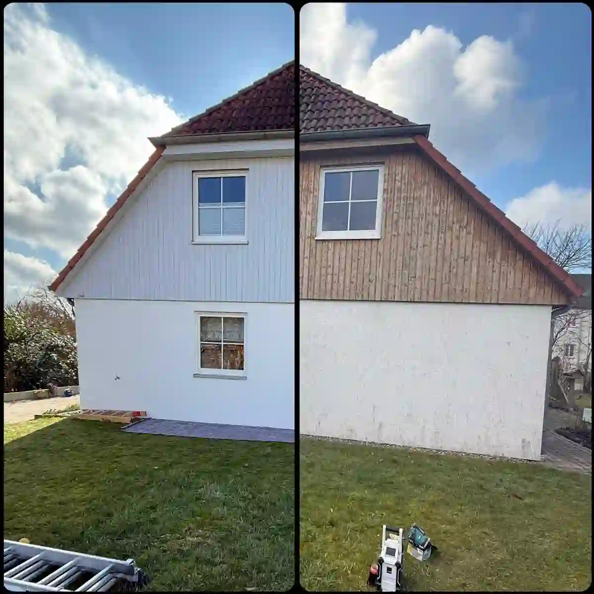 Fassade aus Putz und Holz im Vorher-Nachher-Vergleich – frisch gestrichen nach kompletter Reinigung und Aufarbeitung beider Materialien. von Duchdacht-Gemacht David Tessenow