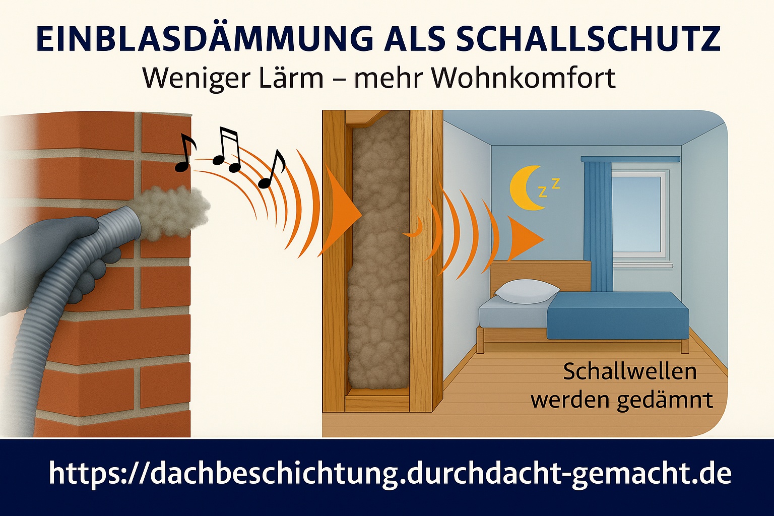 Grafik zur Einblasdämmung als Schallschutz: Dämmstoff wird in die Wand eingeblasen und dämpft Schallwellen zwischen Außenwand und Innenraum von Duchdacht-Gemacht David Tessenow