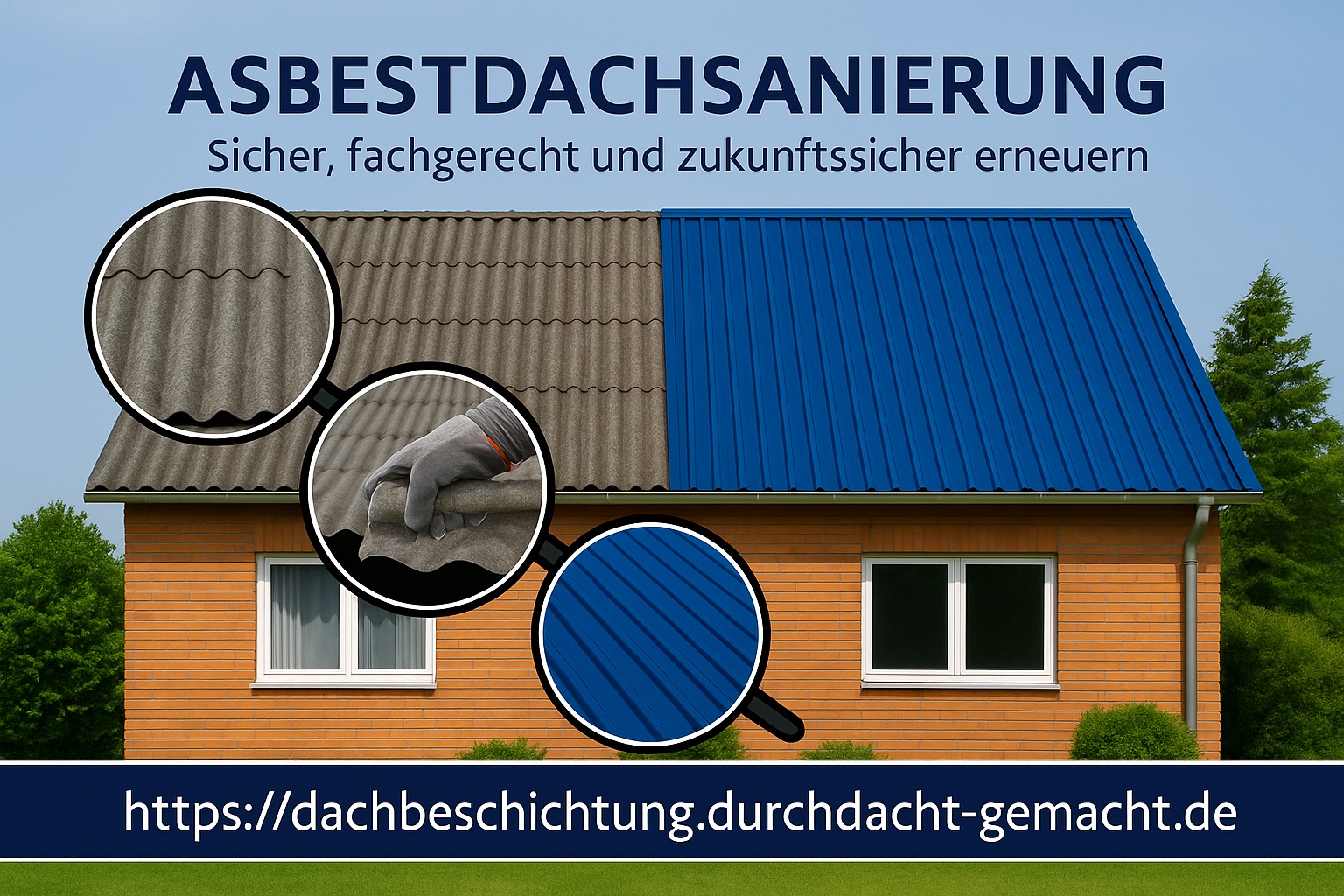Einfamilienhaus mit teilweisem Asbestdach und neuer blauer Dacheindeckung. Lupen zeigen alte Asbestplatten, sichere Sanierung und neue Dacheindeckung.