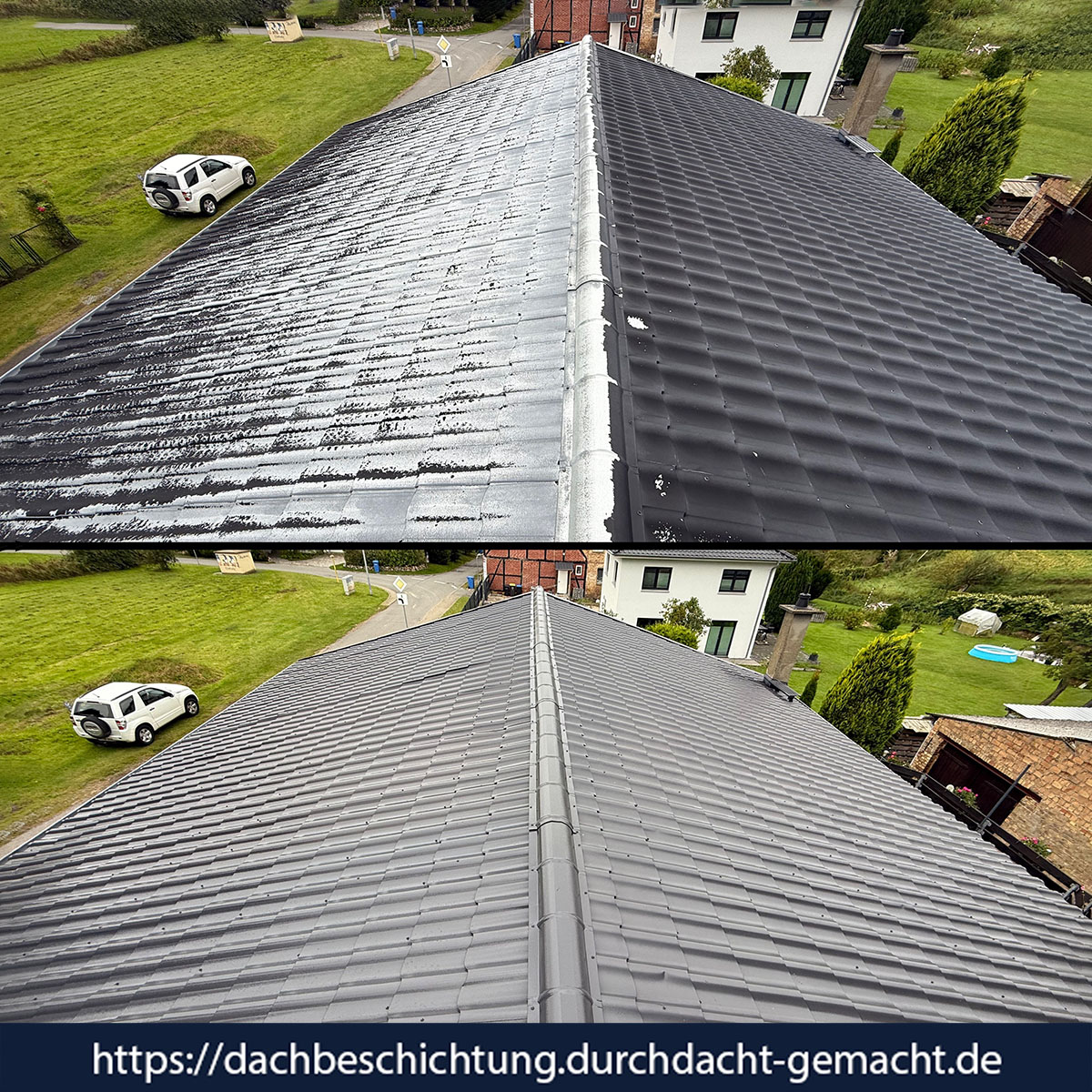 Vorher-nachher-Foto eines Blechdachs in Sanitz nach Reinigung und neuer Dachbeschichtung