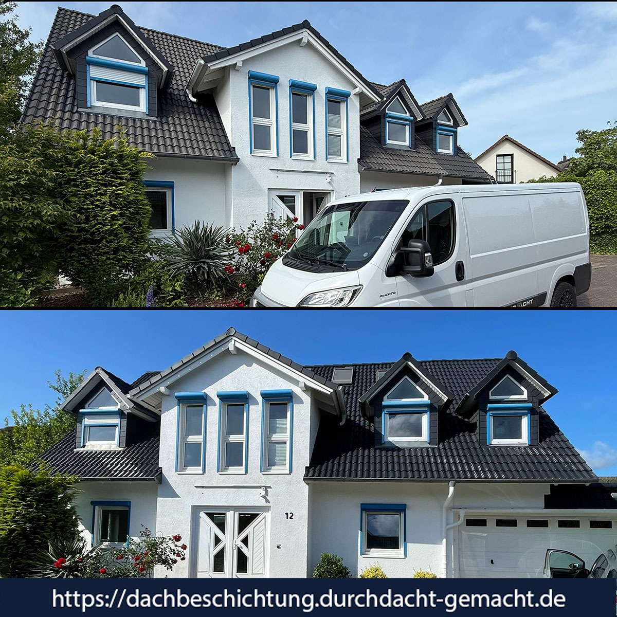 Vorher-nachher-Foto eines Einfamilienhauses in Elmenhorst mit anthrazit beschichtetem Betondach