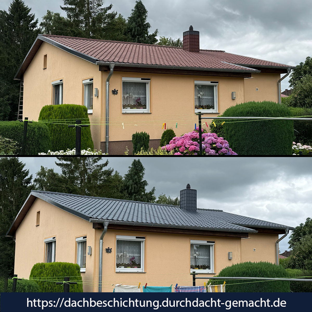 Vorher-nachher-Bild eines Einfamilienhauses in Sanitz mit gereinigtem und neu beschichtetem Blechdach