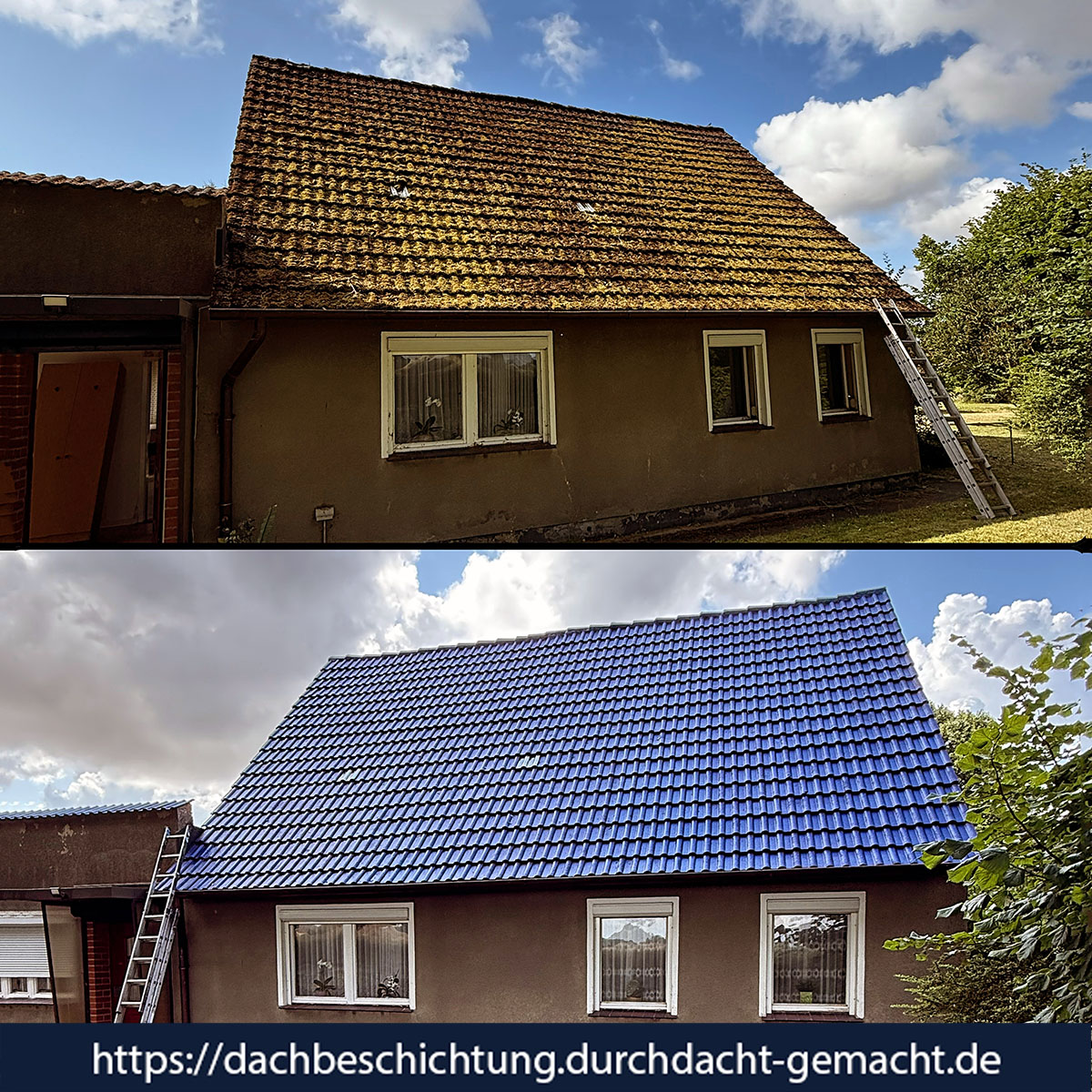 Vorher-nachher-Foto einer Dachbeschichtung in Königsblau an einem Einfamilienhaus von 1933
