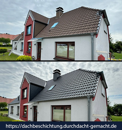 Dach eines Einfamilienhauses in Sanitz nach Reinigung und Beschichtung mit Nowocoat Glanz80 schwarz – glänzend, tiefschwarz und wetterfest.