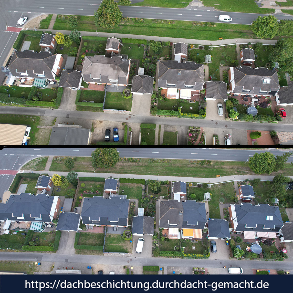 Luftaufnahme von sieben Einfamilienhäusern in Tessin vor und nach der Dachbeschichtung in Anthrazit