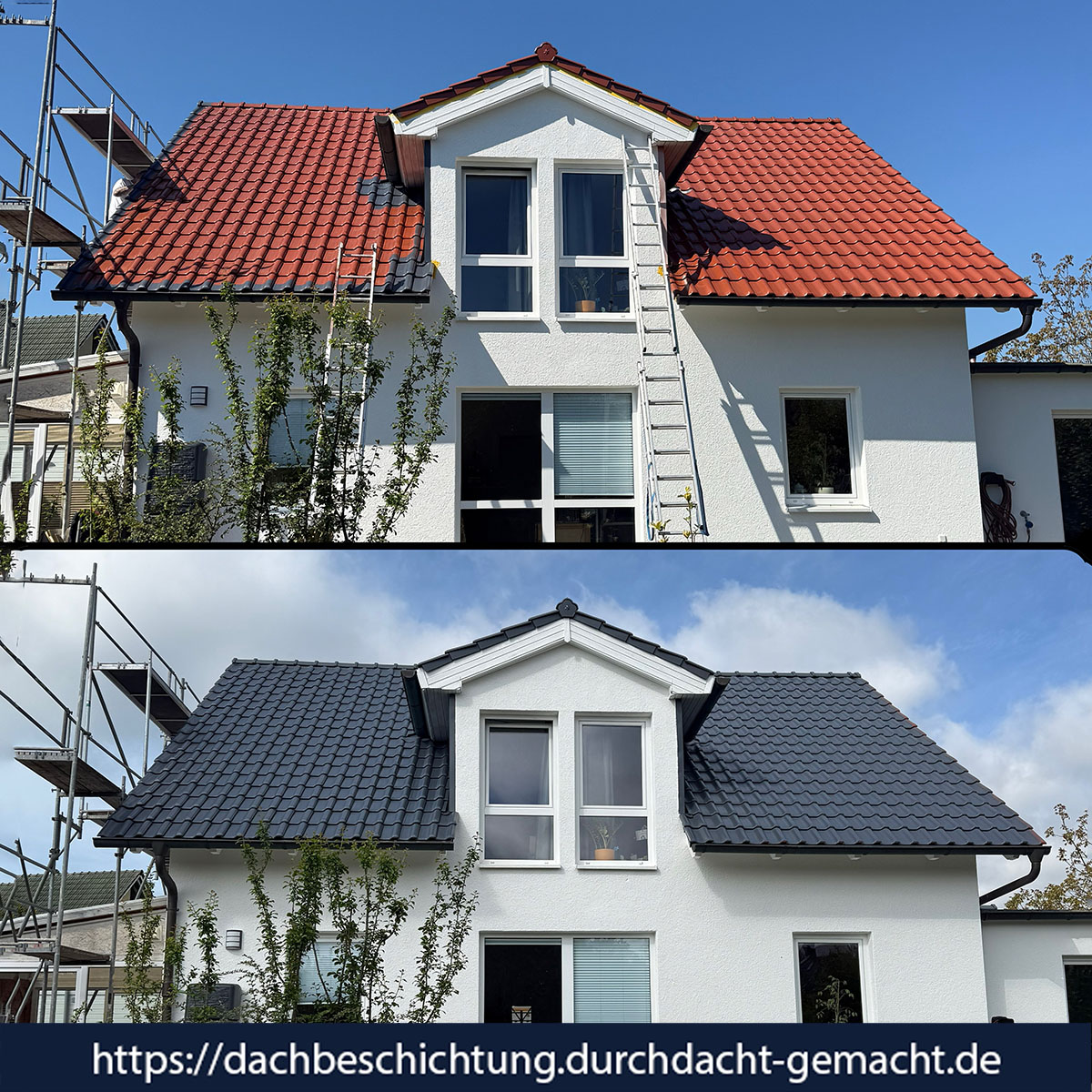 Vorher-nachher-Foto einer Dachbeschichtung auf Tonziegeln mit neuer Grundierung und schiefergrauer Oberfläche