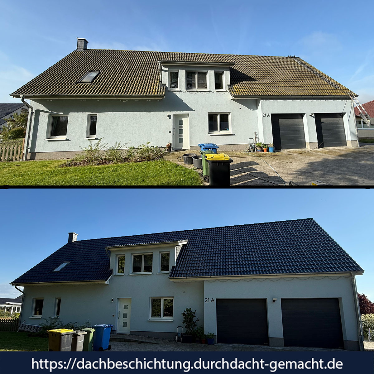 Vorher-nachher-Foto eines Einfamilienhauses in Vilz mit dunkel anthrazit beschichtetem Dach