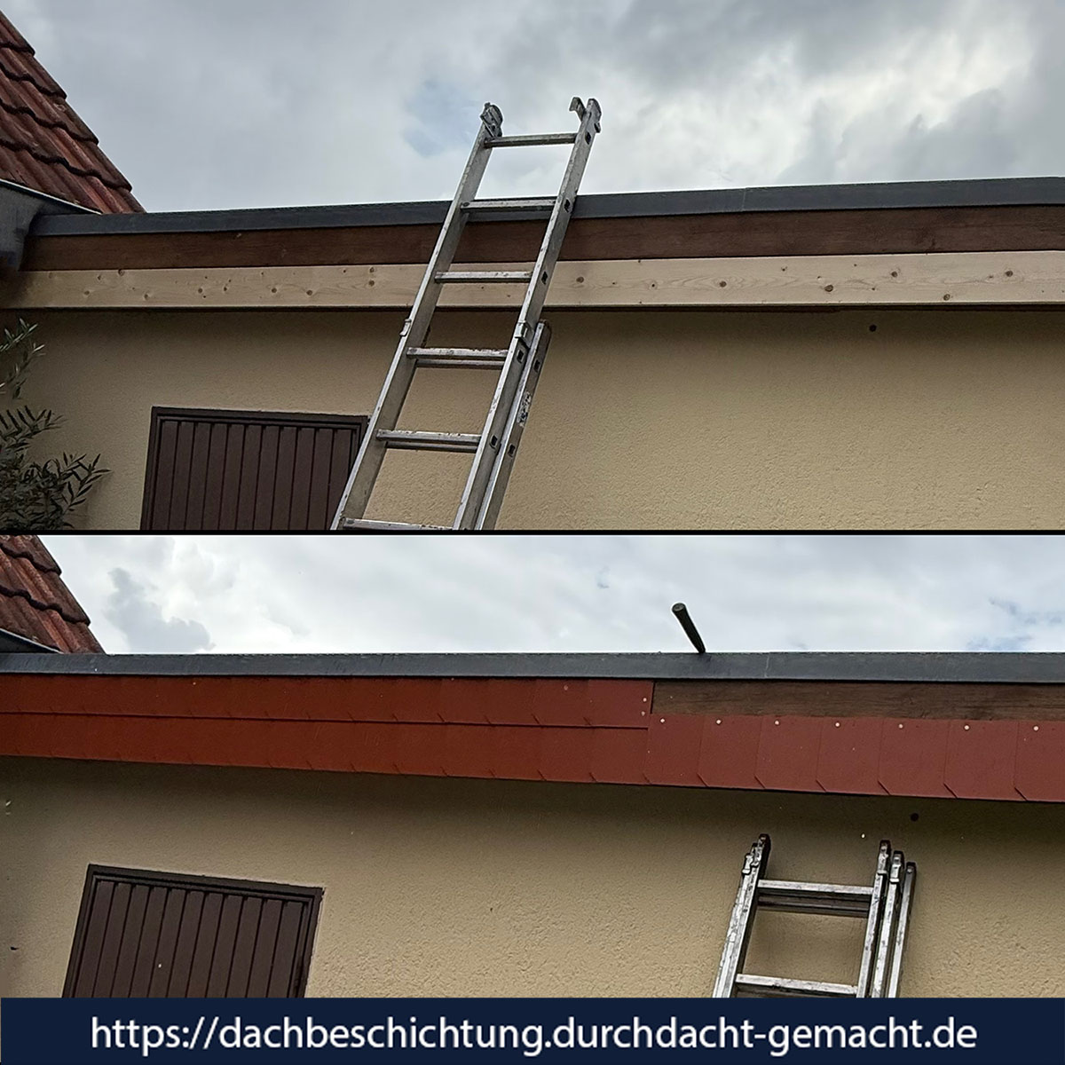 Vorher-nachher-Foto eines Dachkastens am Dachvorsprung mit neuer Schindelverkleidung von Duchdacht-Gemacht David Tessenow