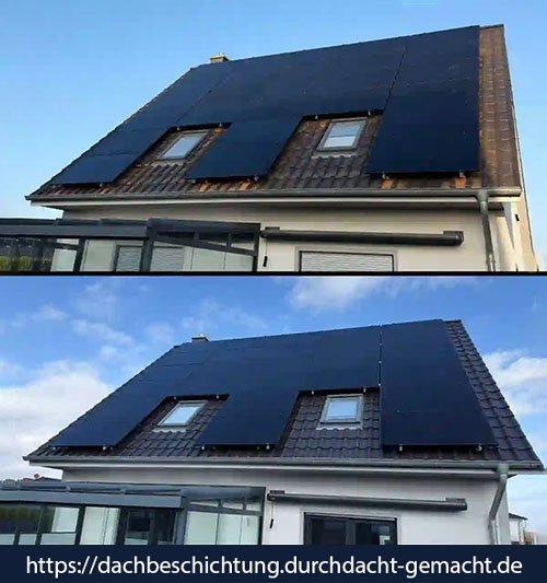 Dachreinigung im Bereich rund um Solarpanels – saubere Übergänge zwischen Photovoltaikmodulen und Dachfläche, schonend gereinigt.