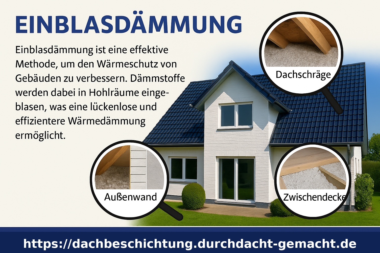 Haus mit Einblasdämmung von durchdacht-gemacht. Lupenansichten zeigen Dämmung im Dachboden, in der Fassade und im Wandquerschnitt zur Energieeinsparung. von Duchdacht-Gemacht David Tessenow