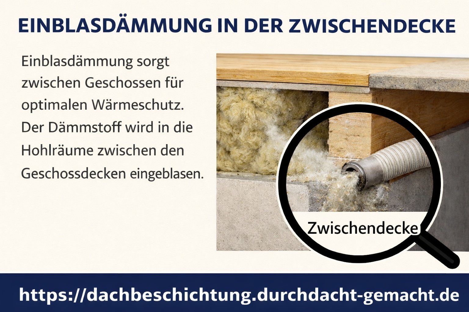 Grafische Darstellung einer Einblasdämmung in der Zwischendecke mit eingeblasenem Dämmstoff zwischen den Geschossdecken von Duchdacht-Gemacht David Tessenow