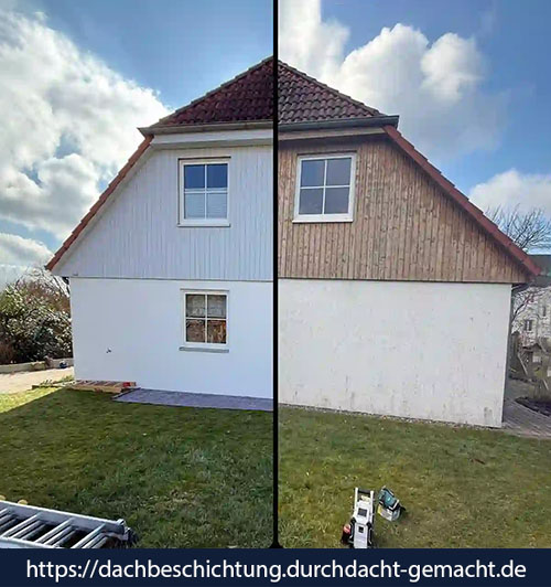 Fassade aus Putz und Holz im Vorher-Nachher-Vergleich – frisch gestrichen nach kompletter Reinigung und Aufarbeitung beider Materialien. von Duchdacht-Gemacht David Tessenow