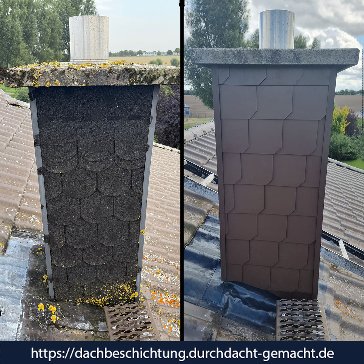 Vorher-nachher-Foto eines Schornsteins mit alter Dachpappe und neuer Schindelverkleidung nach der Sanierung von Duchdacht-Gemacht David Tessenow