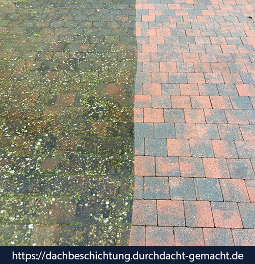 Vorher-Nachher-Bild einer Pflasterauffahrt am EFH in Grimmen – Steinreinigung ohne Chemie, Entfernung von Algen und Flechten. von Duchdacht-Gemacht David Tessenow