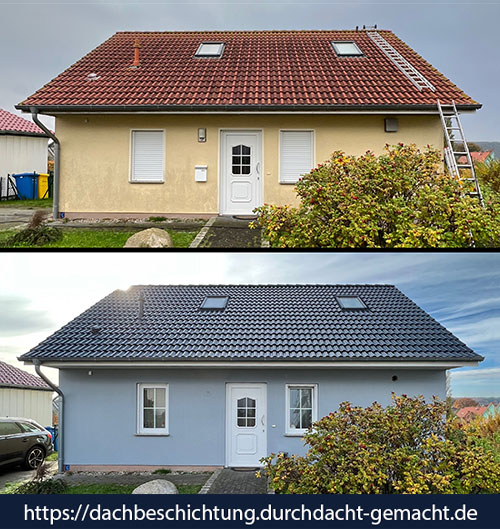 Einfamilienhaus in Steffenshagen mit neu beschichtetem Dach – doppelte Umbeschichtung mit Nowocoat Glanz50 nach Hochdruckreinigung.